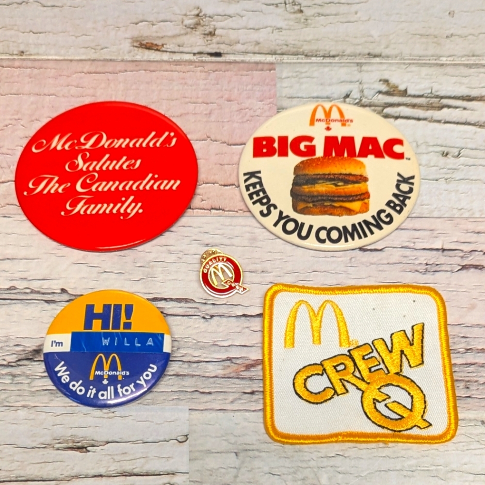 Lot Of 5 Vintage McDonald's Buttons Badges Pin & Embroidered Patch - Big Mac